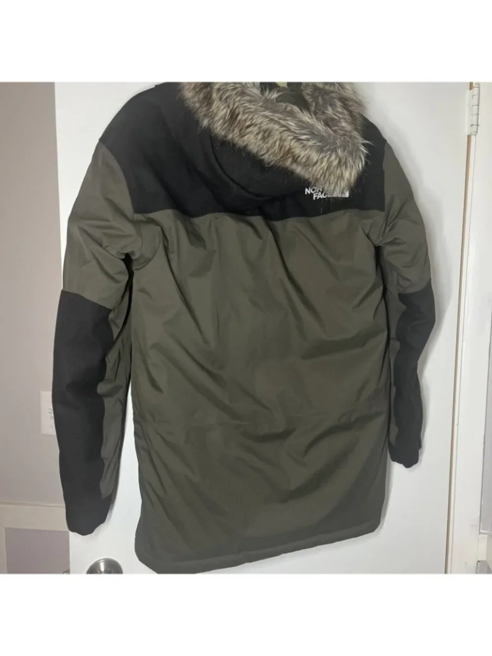 The North Face Faux Fur Removable Full Zip Down Jacket Olive Green Mens S Hooded